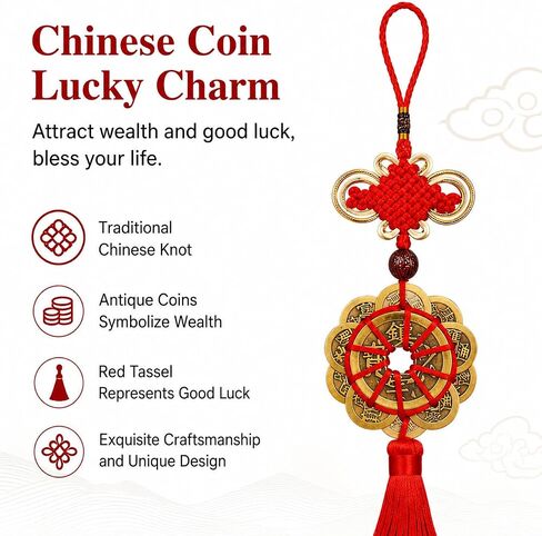 Feng Shui Coins with Red Chinese Knot, Lucky Coin Hanging Charm for Wealth and Good Fortune, Traditional Chinese Decor Ornament for Home, Car, Office in Saudi Arabia