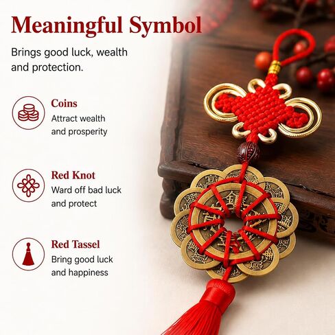 Feng Shui Coins with Red Chinese Knot, Lucky Coin Hanging Charm for Wealth and Good Fortune, Traditional Chinese Decor Ornament for Home, Car, Office in Saudi Arabia