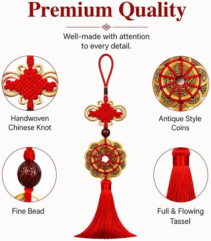 Feng Shui Coins with Red Chinese Knot, Lucky Coin Hanging Charm for Wealth and Good Fortune, Traditional Chinese Decor Ornament for Home, Car, Office in Saudi Arabia