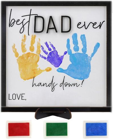 Best Dad Ever Gifts Hands Down Sign with 3 Printing mud, Personalized Handprint Wooden Plaque from Kids, Handprint Gift from Daughter or Son, Wooden Sign Gift for Dad Fathers Day Crafts for Kids in Saudi Arabia
