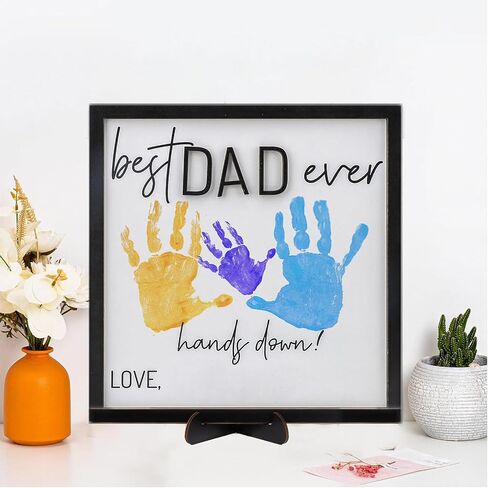 Best Dad Ever Gifts Hands Down Sign with 3 Printing mud, Personalized Handprint Wooden Plaque from Kids, Handprint Gift from Daughter or Son, Wooden Sign Gift for Dad Fathers Day Crafts for Kids in Saudi Arabia