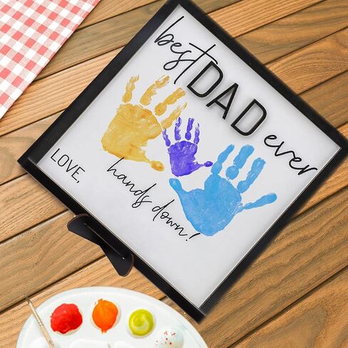 Best Dad Ever Gifts Hands Down Sign with 3 Printing mud, Personalized Handprint Wooden Plaque from Kids, Handprint Gift from Daughter or Son, Wooden Sign Gift for Dad Fathers Day Crafts for Kids in Saudi Arabia