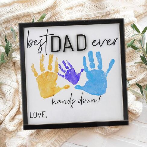 Best Dad Ever Gifts Hands Down Sign with 3 Printing mud, Personalized Handprint Wooden Plaque from Kids, Handprint Gift from Daughter or Son, Wooden Sign Gift for Dad Fathers Day Crafts for Kids in Saudi Arabia