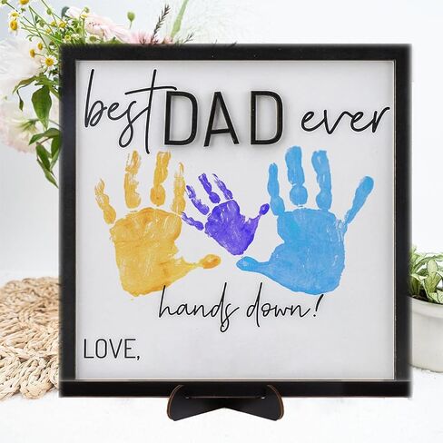 Best Dad Ever Gifts Hands Down Sign with 3 Printing mud, Personalized Handprint Wooden Plaque from Kids, Handprint Gift from Daughter or Son, Wooden Sign Gift for Dad Fathers Day Crafts for Kids in Saudi Arabia