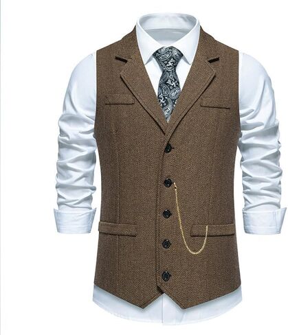 Men's Herringbone Tweed Vest Slim Fit Formal Waistcoat with Chain for Wedding Business in Kuwait
