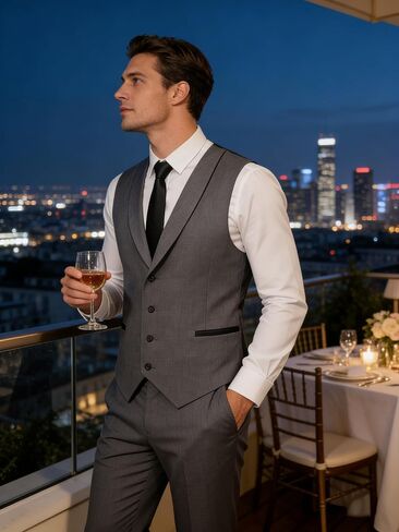 Men's Grey Formal Tuxedo Vests Shawl Collar Casual Suit Vest for Men, Gray Slim Fit Waistcoat for Business Wedding in Saudi Arabia