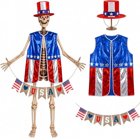 Foilswirl 3 Pcs 12 ft Skeleton Outfits Accessories 4th of July Skeleton Hat, Vest, USA Banner Outfit Set Giant Sized Skull Costume Clothing for 250th Anniversary Patriotic Garden Lawn Outdoor Decor in Kuwait