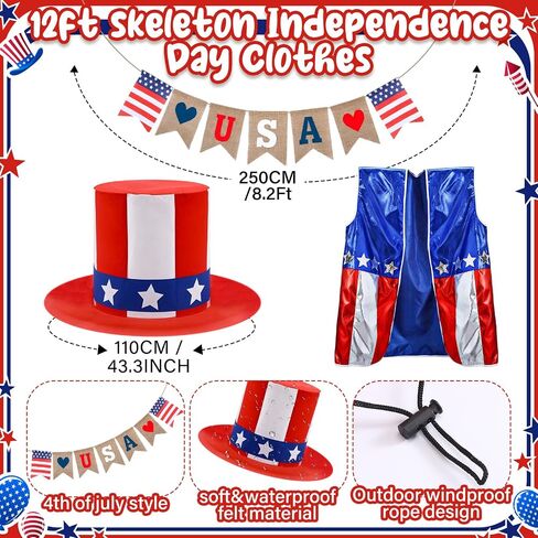 Foilswirl 3 Pcs 12 ft Skeleton Outfits Accessories 4th of July Skeleton Hat, Vest, USA Banner Outfit Set Giant Sized Skull Costume Clothing for 250th Anniversary Patriotic Garden Lawn Outdoor Decor in Kuwait