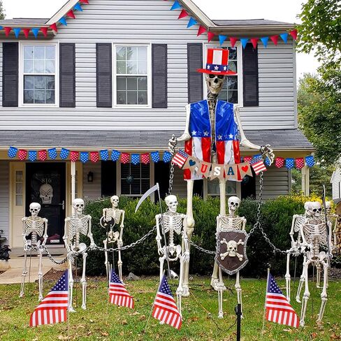 Foilswirl 3 Pcs 12 ft Skeleton Outfits Accessories 4th of July Skeleton Hat, Vest, USA Banner Outfit Set Giant Sized Skull Costume Clothing for 250th Anniversary Patriotic Garden Lawn Outdoor Decor in Kuwait