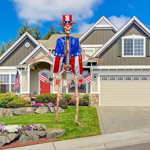 Foilswirl 3 Pcs 12 ft Skeleton Outfits Accessories 4th of July Skeleton Hat, Vest, USA Banner Outfit Set Giant Sized Skull Costume Clothing for 250th Anniversary Patriotic Garden Lawn Outdoor Decor in Kuwait