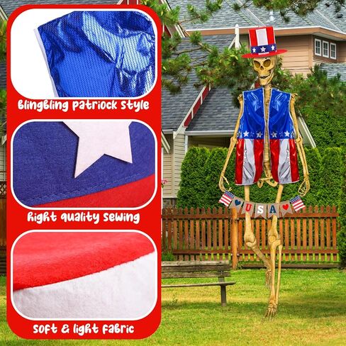 Foilswirl 3 Pcs 12 ft Skeleton Outfits Accessories 4th of July Skeleton Hat, Vest, USA Banner Outfit Set Giant Sized Skull Costume Clothing for 250th Anniversary Patriotic Garden Lawn Outdoor Decor in Kuwait