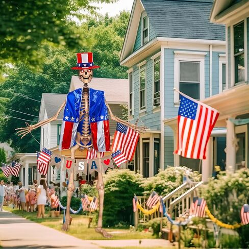 Foilswirl 3 Pcs 12 ft Skeleton Outfits Accessories 4th of July Skeleton Hat, Vest, USA Banner Outfit Set Giant Sized Skull Costume Clothing for 250th Anniversary Patriotic Garden Lawn Outdoor Decor in Kuwait