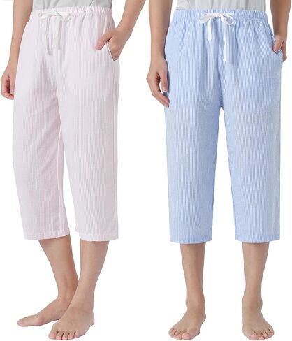 Women's Petite Capri Pajama Pants Cotton Seersucker Wide Leg Lounge Capris in Kuwait