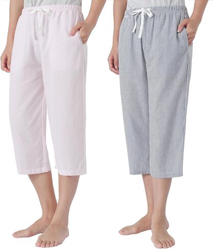Women's Petite Capri Pajama Pants Cotton Seersucker Wide Leg Lounge Capris in Kuwait