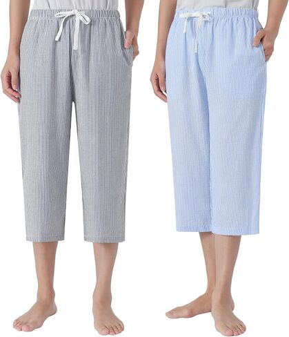 Women's Petite Capri Pajama Pants Cotton Seersucker Wide Leg Lounge Capris in Kuwait