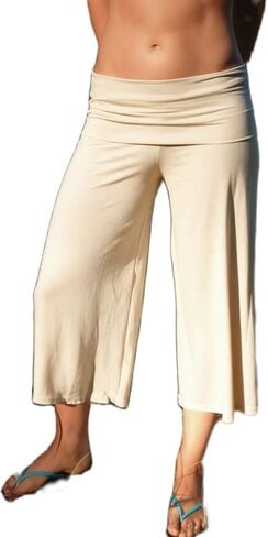 ROAONOCOMO Women Gauchos Pants Fold Over Low Rise Cropped Capris Pants Foldover Wide Leg Yoga Culotte Pajama Bottoms in Kuwait