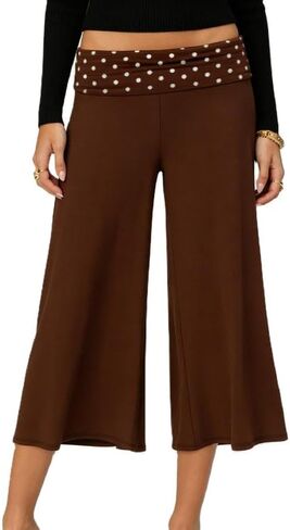 ROAONOCOMO Women Gauchos Pants Fold Over Low Rise Cropped Capris Pants Foldover Wide Leg Yoga Culotte Pajama Bottoms in Kuwait