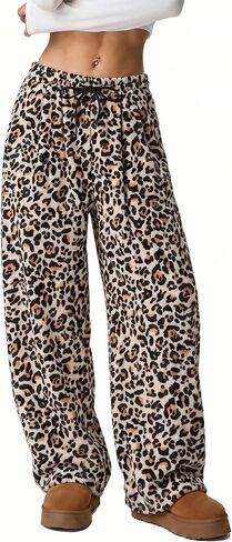 سروال Pj للسيدات من HEARTNICE Leopard، جزء سفلي بيجامة مريح بطباعة الفهد من الصوف، رباط ناعم واسع الساق مع جيوب in Kuwait