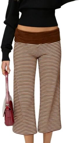 ROAONOCOMO Women Gauchos Pants Fold Over Low Rise Cropped Capris Pants Foldover Wide Leg Yoga Culotte Pajama Bottoms in Kuwait