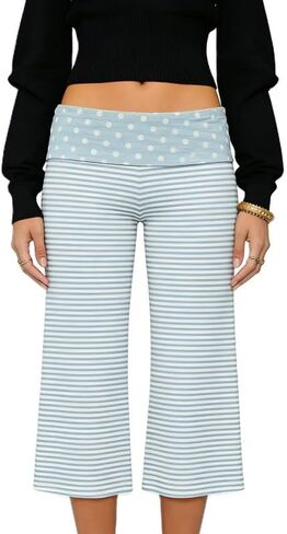 ROAONOCOMO Women Gauchos Pants Fold Over Low Rise Cropped Capris Pants Foldover Wide Leg Yoga Culotte Pajama Bottoms in Kuwait