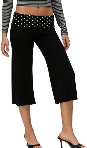 ROAONOCOMO Women Gauchos Pants Fold Over Low Rise Cropped Capris Pants Foldover Wide Leg Yoga Culotte Pajama Bottoms in Kuwait
