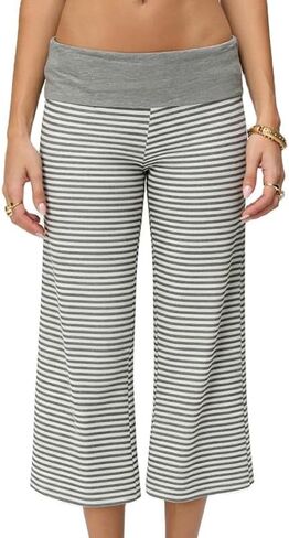 ROAONOCOMO Women Gauchos Pants Fold Over Low Rise Cropped Capris Pants Foldover Wide Leg Yoga Culotte Pajama Bottoms in Kuwait
