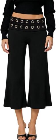 ROAONOCOMO Women Gauchos Pants Fold Over Low Rise Cropped Capris Pants Foldover Wide Leg Yoga Culotte Pajama Bottoms in Kuwait