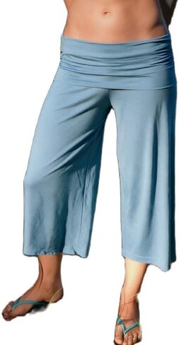 ROAONOCOMO Women Gauchos Pants Fold Over Low Rise Cropped Capris Pants Foldover Wide Leg Yoga Culotte Pajama Bottoms in Kuwait
