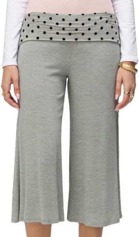 ROAONOCOMO Women Gauchos Pants Fold Over Low Rise Cropped Capris Pants Foldover Wide Leg Yoga Culotte Pajama Bottoms in Kuwait