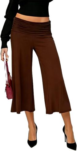 ROAONOCOMO Women Gauchos Pants Fold Over Low Rise Cropped Capris Pants Foldover Wide Leg Yoga Culotte Pajama Bottoms in Kuwait