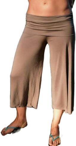 ROAONOCOMO Women Gauchos Pants Fold Over Low Rise Cropped Capris Pants Foldover Wide Leg Yoga Culotte Pajama Bottoms in Kuwait