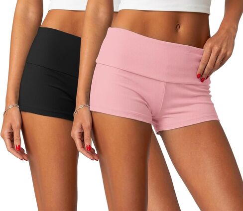 ONLYSTORY 2 Pack Womens Fold Over Shorts Y2K Micro Shorts Elastic Waist Lounge Pajamas Bottoms Summer Casual Yoga Sleepwear in Kuwait