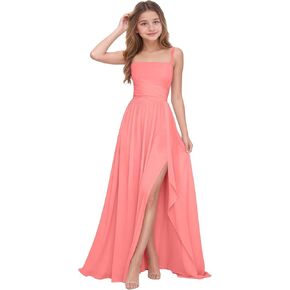 Junior Bridesmaid Dresses Long Chiffon Flower Girl Dress Slit Ruffle Pleated Girls Formal Dresses 2-16 Years in Saudi Arabia