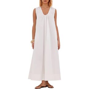 Women Sleeveless Ruched Maxi Dress Scoop Neck Long Elegant Dresses Wide Shoulder Strap Blouse Dress with Side Pockets in Saudi Arabia