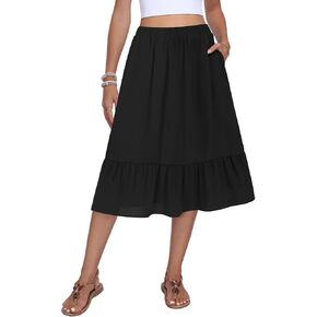 Women's High Waist Tiered Skirt Midi Flowy A-Line Casual Skirts Below Knee with Pockets in Kuwait