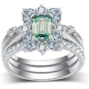 3-Piece Engagement Rings Bridal Set for Women,18K White Gold Platinum Plated Emerald Cut Blue-Green Moissanite Wedding Rings Sets S925 Halo Moissanite Ring Sets Jewelry Gift for Anniversary Wedding in Saudi Arabia