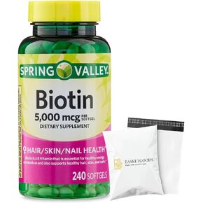 Spring Valley Biotin 5000 mcg 240 Count, Dietary Supplement for Hair Skin Nails, Hair Vitamins for Hair Loss for Women Set with Basket Goods Store in Saudi Arabia