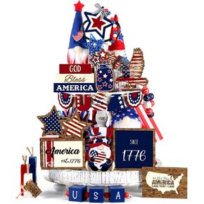 Bucherry 19 Pcs 4th of July Tiered Tray Decorations Set Wood Patriotic Decoration American Flag Star Gnome Red White Blue Farmhouse Decor for Memorial Day 250th Anniversary Home Indoor Birthday Party in Kuwait