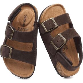 FANTURE Kids Sandals with Arch Support, Genuine Leather Cork Footbed Slides for Boys Girls Toddler, Adjustable Double Strap with Backstrap, Non Slip Summer Beach Shoes in Kuwait