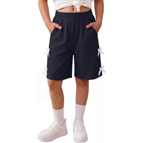 Yooo's Vivi Girls' Bermuda Shorts with Bowknot Girls Teen Summer Baggy Elastic Waist Knee Length Shorts with Pockets 7-16y in Kuwait