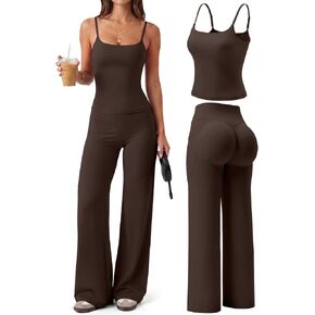Coume Women 2 Piece Workout Sets Padded Camisole Tank Tops Straight Wide Leg Leggings Pants with Pocket Gym Yoga Outfits in Kuwait