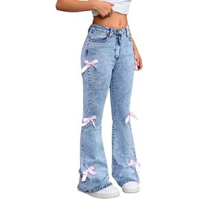 Girls Flare Jeans High Waisted Bow Bell Bottom Cute Y2K Streetwear Stretch Denim Pants for Tween 8-16Y in Saudi Arabia