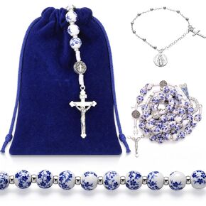 Huwena 3 Pcs Catholic Rosary Beads for Women Rosary Necklace and Cross Bracelet Portable Drawstring Bag Included Blue Flower Style Prayer Beads Religious Christian Gift for First Communion in Saudi Arabia