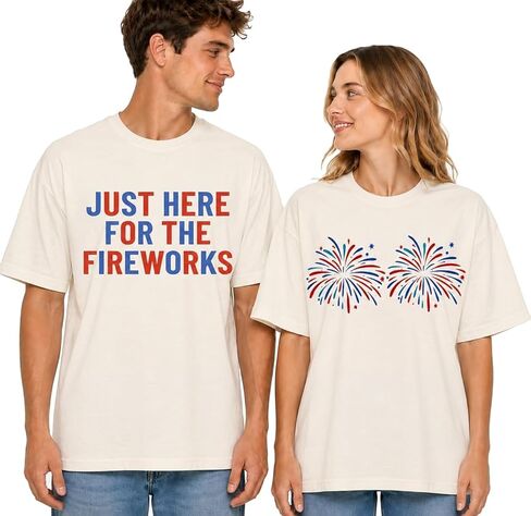 4th of July Matching Couple T-Shirts, Just Here for The Fireworks Matching Couple Shirts, Independence Day Matching Tee Multi Colors in Kuwait