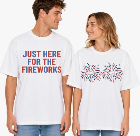 4th of July Matching Couple T-Shirts, Just Here for The Fireworks Matching Couple Shirts, Independence Day Matching Tee Multi Colors in Kuwait