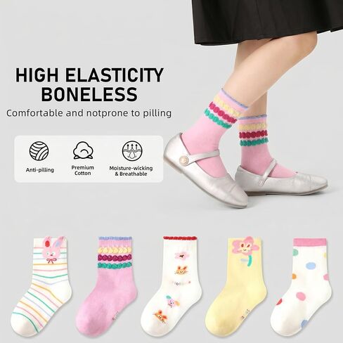 Kids Girls Crew Socks Cotton - Bright Colorful Pink White Stripes Design Cute Fit 6-8 years 5pairs in Kuwait