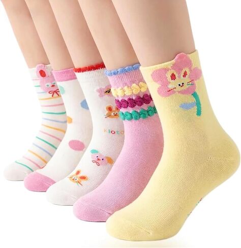 Kids Girls Crew Socks Cotton - Bright Colorful Pink White Stripes Design Cute Fit 6-8 years 5pairs in Kuwait