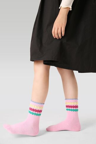 Kids Girls Crew Socks Cotton - Bright Colorful Pink White Stripes Design Cute Fit 6-8 years 5pairs in Kuwait