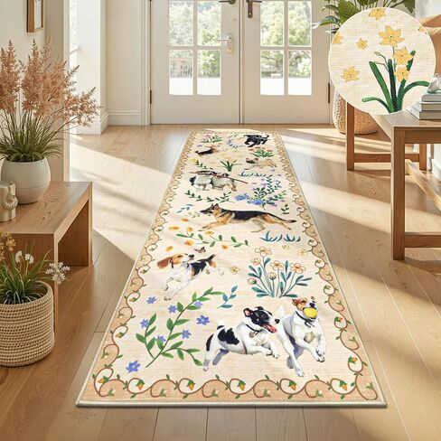 LOKHOM Hallway Runner Rug 2x8 Washable Animal Dog Print Linen Kitchen Rug with Rubber Backing, Non Slip Low Pile Soft Boho Floral Carpet for Entrance Laundry Bedroom, Green in Saudi Arabia