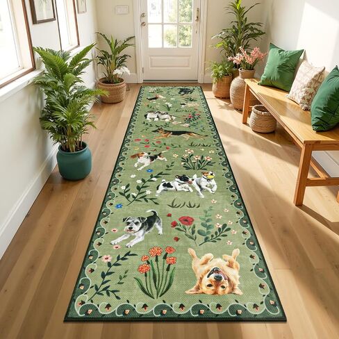 LOKHOM Hallway Runner Rug 2x8 Washable Animal Dog Print Linen Kitchen Rug with Rubber Backing, Non Slip Low Pile Soft Boho Floral Carpet for Entrance Laundry Bedroom, Green in Kuwait